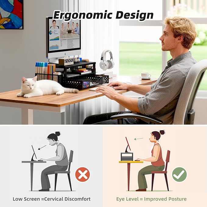 Simple Trending Desk Organizer and Accessories, 2-Tier Computer Monitor Stand Riser with Drawer and Pen Holders – Metal Latop Stand for Home Office, Black