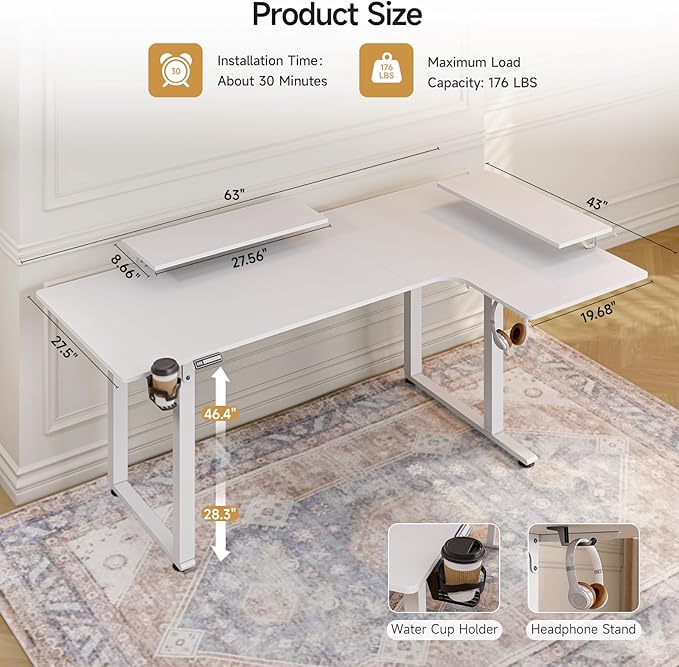 L Shaped Electric Standing Desk, 63x43'' Computer Desks with 2 Monitor Shelves, Dual Motor and Memory Controller, Gaming Corner Desk Adjustable Height from 28-46'' for Home Office Workstation, White