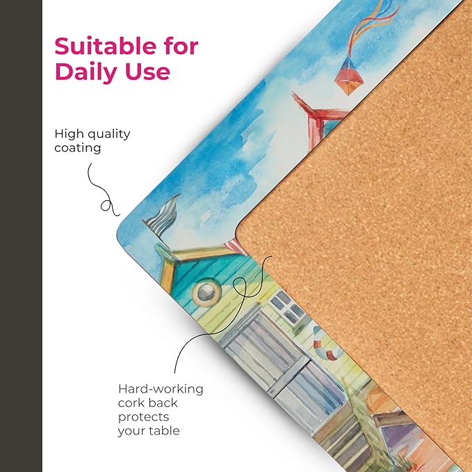 Pimpernel Beach Huts Placemats, Set of 4 - Durable Table Mats with Cork Back, Heat & Stain Resistant for Dining, Kitchen, Entertaining & Coastal Summer Style & Table Décor (12" x 16")