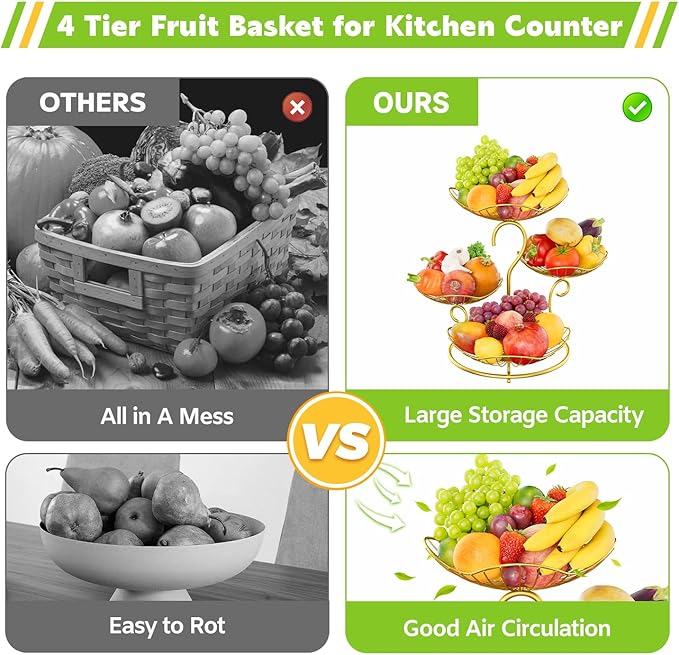 PouHenier.jh 4 Tier Fruit Bowl Basket for Kitchen, Countertop Vegetable Storage Stand, Tiered Metal Produce Organizer Rack Holder for Table Top, Modern Stylish Design with Stable Base and Handle, Gold