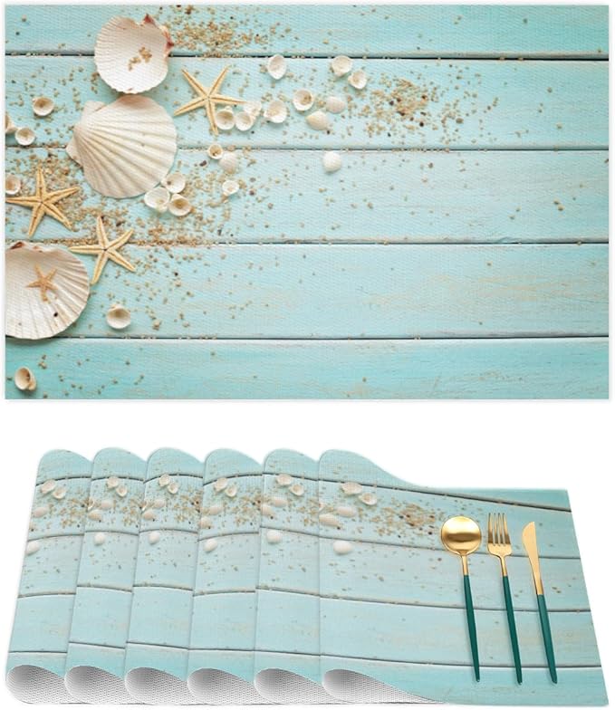 Placemats Set of 4 Heat-Resistant Rectangle Place Mats Beach Summer Teal Washable Plastic PVC Dining Table Mat Non-Slip Wipeable Woven Vinyl Placemat for Kitchen Patio Table Decor