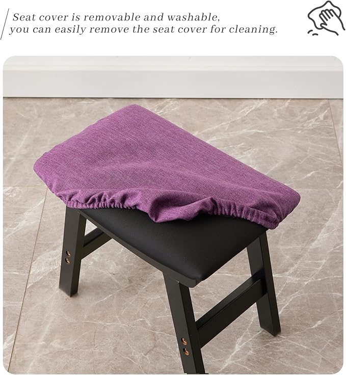 Kitsanery Foot Stool,Ottoman,Bamboo Small Sofa Foot Rest Under Desk,Extra Seating for Living Room, Bedroom and Kitchen (Black Stool Legs - Purple Surface)