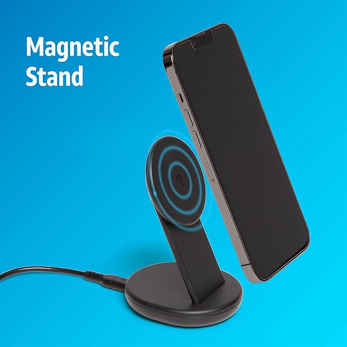 AT&T 15W Wireless Charging Stand – USB-C PD Fast Charger with Magnetic Snap-On Alignment, Portrait/Landscape Viewing Support, Compact Case-Friendly Design, Qi-Enabled Charging – Black