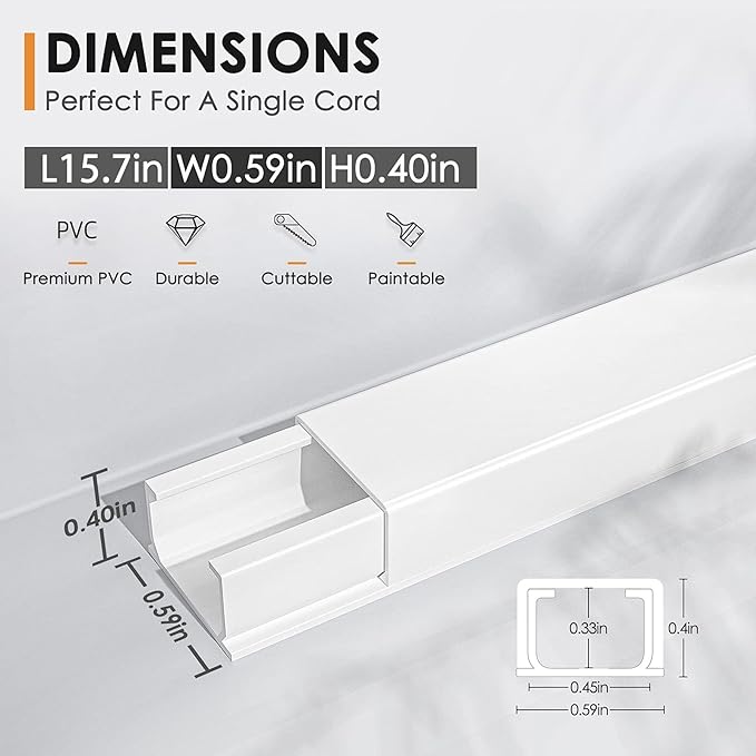 Delamu 236in Cord Hider, Single-Wire Cord Covers for Wires on Wall, Paintable Snap-on Design Wire Cover, Cable Management Kit for Corner-Mounted TVs, Easy Install Cable Raceways, W0.59 H0.4in, White