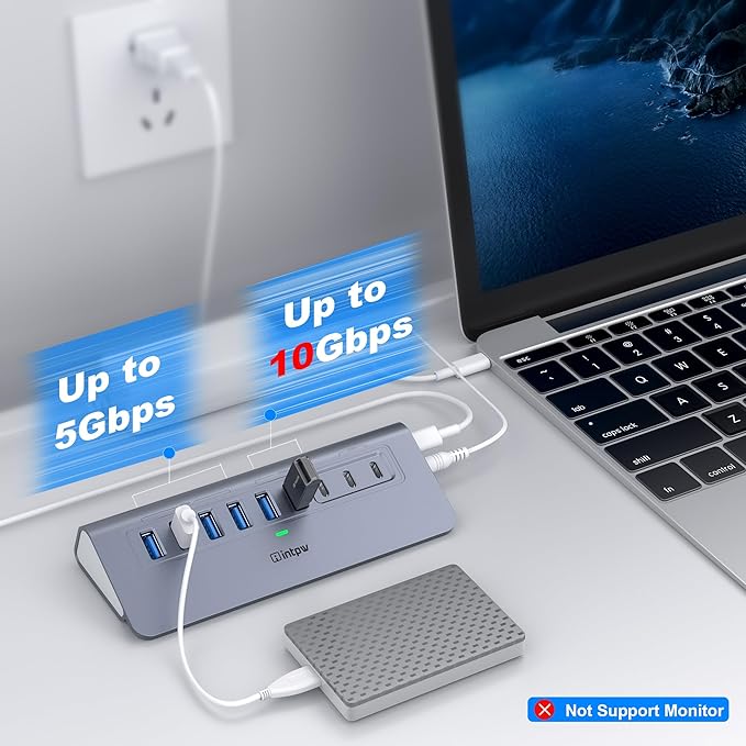 Powered USB Hub 10Gbps, intpw YH6AC 9-Port USB HUB with 10Gbps USB A/USB C 3.2, 4 USB 3.0, 2 PD 45W Charging Port, 65W Power Adapter + 4.92FT Cable, Aluminum USB Hub for Laptop, PC,iPhone 17/16