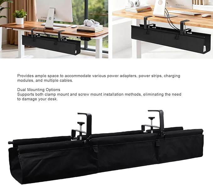 RiToEasysports Under Desk Cable Management Tray, No Drill Clamp Mount Oxford Cloth Organizer 36 Inch for Home Office RV Desk Setup