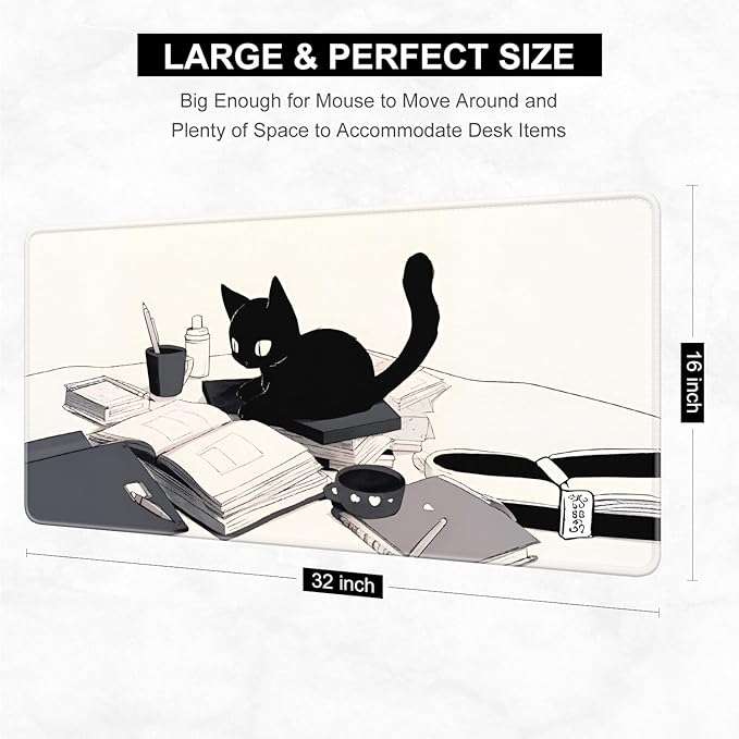 Desk Pad, 32" x 16" XXXL Extended Large Gaming Mouse Pad, Desktop Decor Desk Mat, Men Women Office Supplies and Accessories, Cute Anime Mouse Mat for Laptop & Keyboard, Reading Cat
