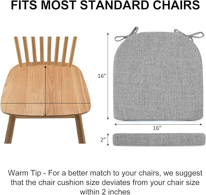 Wellsin Chair Cushions for Dining Chairs 4 Pack - Kitchen Chair Cushions with Ties and Non-Slip Backing - Dining Chair Pads 16"X16"X2", Light Gray