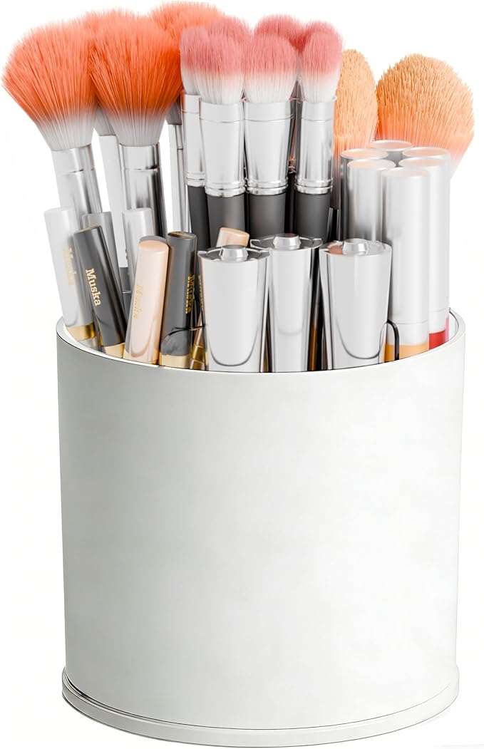 Yieach Rotating Acrylic Makeup Brush Holder for Vanity,Bathroom Countertop,Round Makeup Brushes Organizer,Spinning Cosmetic Brushes Holder,Make up Brush Storage and Office Desk Pen or Pencil Cup,White