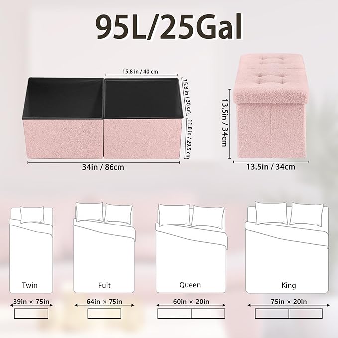 Folding Ottoman Bench with Storage - 34Inches Teddy Velvet Foot Stool Ottoman Bench, Padded Seat, Storage Chest, Blanket Store for Entryway, Livingroom and Bedroom, Pink (34" D x 13" W x 13" H)