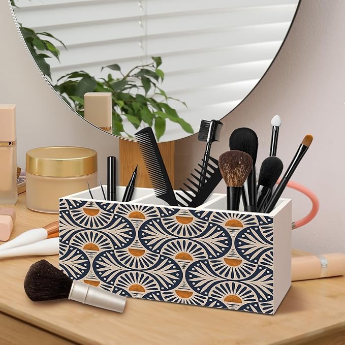 Vintage Boho Wooden Pen Pencil Holder for Desk Accessories, Boho Office Decor, Retro Abstract Sun Sunset Wood Makeup Brush Toothbrush Holder Organizer for Vanity Bathroom