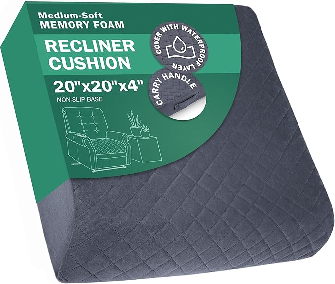 Medium-Soft 20x20x4 Memory Foam Recliner Chair Seat Cushion for Long Sitting - Armchair Pad with Washable Velvety Cover with Waterproof Layer & Non-Slip Base for Seniors & Elderly - Gray