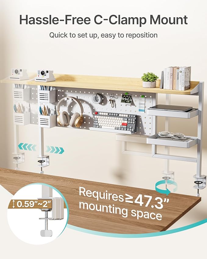 PEGZONE Clamp on Desk Shelf, 44" Desktop Shelving System with Pegboard and Accessories, Desktop Organizer with 2-Tier Shelf, Desk Pegboard for Gaming Office, White