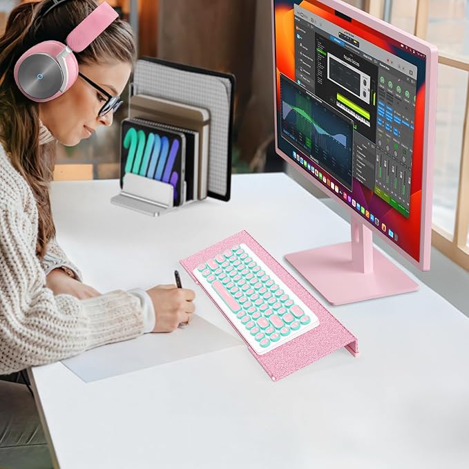 Ergonomic Computer Keyboard Stand - 17 Inch Glitter Pink Acrylic Keyboard Riser for Desk Tilted Keyboard Holder Tray with Non-Slip Strip for Home Office Easy Typing & Working