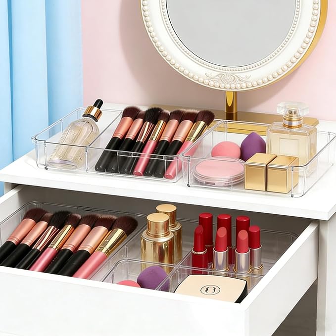 15 PCS Clear Drawer Organizer Set, 4 Sizes Desk Drawer Storage Bins, Divider Trays for Makeup, Vanity, Bathroom, Kitchen, Office