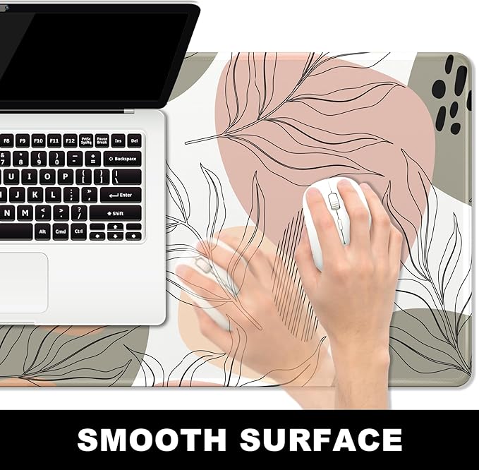 BOSOBO Large Mouse Pad, Desk Pad, XXL XL Extended Gaming Mouse Pad, Desk Mat for Office & Home, Long and Huge Keyboard Mat, Desktop Full Cover 35.5 x 15.7 Inches, Modern Boho Leaves
