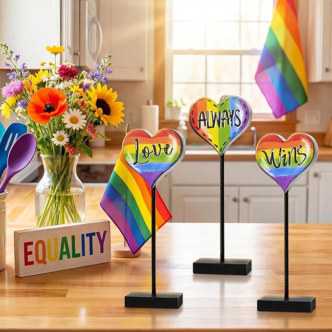 Smile LGBTQ+ Pride Wooden Tabletop Sign Love Always Wins Rainbow Heart Desktop Plaque with Stands Indoor Decor for Pride Month, Home & Office Gay Pride Gift