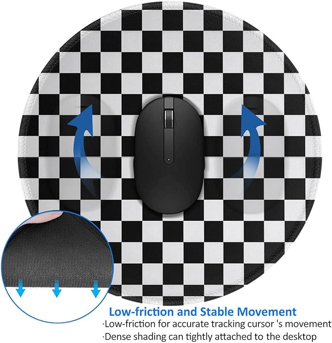Black and Wite Checkerboard Round Mouse Pad Premium Textured Mouse Mat Washable Mousepads with Extended Stitched Edges Non Slip Rubber Base Small Mousepad 7.9 X 7.9 X 0.12 Inches