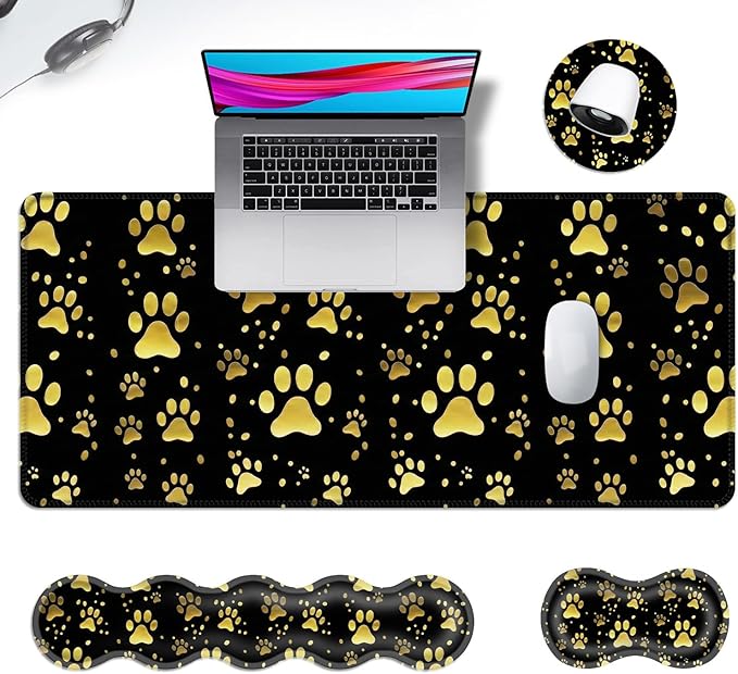 Ergonomic Mouse Pad Set with Wrist Support for Keyboard and Wrist Rest for Mouse, Memory Foam Comfort, Non-Slip Large Desk Mat for Home Office Pain Relief,Dog Gold Paw Prints