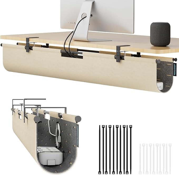 No Drill Under Desk Cable Management Tray, 45.2" Felt Cord Organizer for Table, Clamp/Screw Mount Wire Management with Privacy Panel for Standing Desk & Home Office (Khaki/Gray)