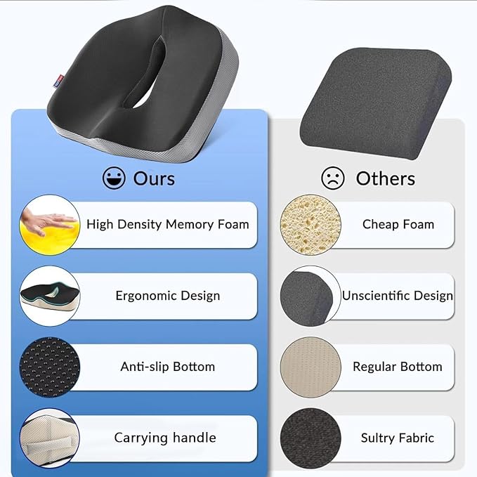Seat Cushion for Tailbone Pain Relief, Memory Foam Coccyx Cushion for Office Chair & Car, Ergonomic Chair Pad with Non-Slip Cover & Handle, Sciatica Relief for Gaming Chair (Black)