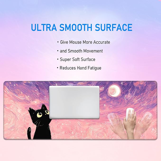 Starry Night Cat Cute Mouse Pad,Large Pink Gaming Mousepad,Extende Dreamy Anime Washable Keyboard Desk Mat,Kawaii Stitch Mousemat for Women Girls,31.5 x 12in