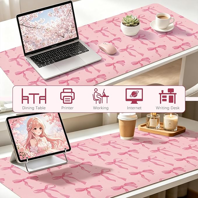Pink Desk Mat, Large Mouse Pad Pink Bow Keyboard Mat Computer Pad, Cute Girly Pink Desk Accessories, PU Leather Desk Pad Protector, Waterproof Desk Blotter Writing Pad Non-Slip Base, 31.5 x 15.7