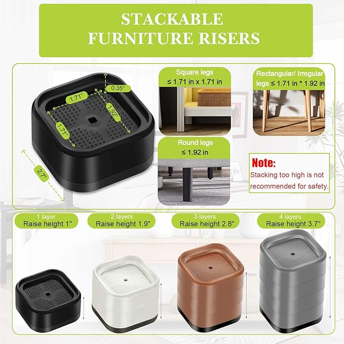 4 Pack Furniture Risers 4 Inch, Adjustable Bed Risers Heavy Duty for Table Desk Couch Chair Sofa Cabinet Bed Legs Dorm, Square Stackable Bed Raisers Blocks Lift Height 1", 2",3"or 4", Black