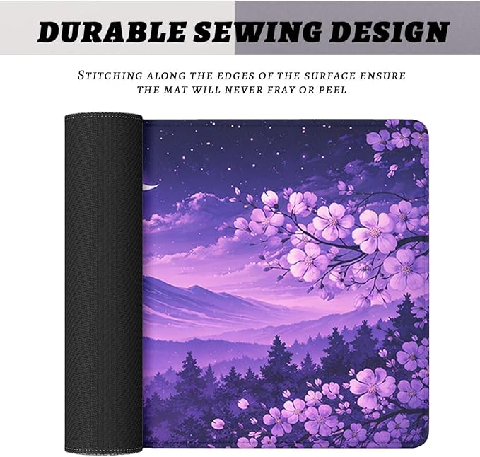 Cherry Blossoms Mouse Pad Mount Fuji Purple Sky Extended Mousepad Waterproof Stitched Edges Rubber Base Non-Slip Deskmap Computer Keyboard Mat 31.5x11.8 Inch