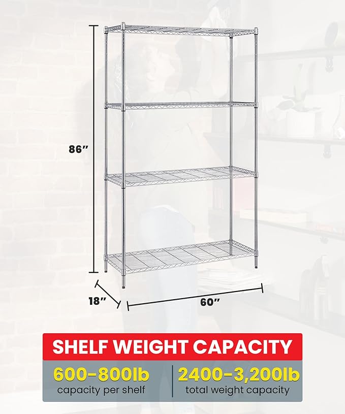 Quantum Storage Systems WR86-1860C Starter Kit Wire Shelves Chrome 4 Shelves 86" H x 60" W x 18" D