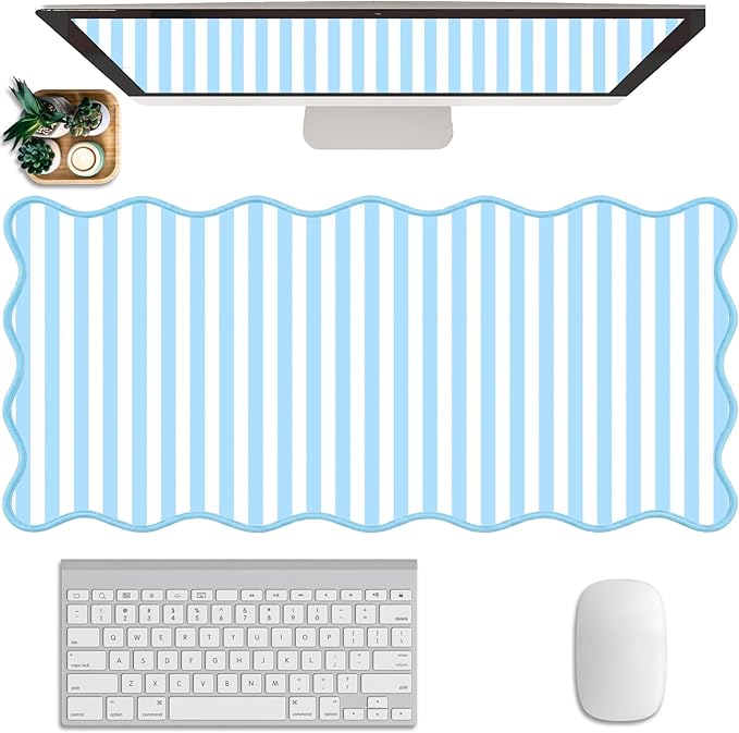 Scalloped Desk Mat Extended Large Cute Striped Mouse Pad Big Desk Pad XXL Aesthetic Stripe Mousepad Gaming Mouse Pad for Keyboard Computer Laptop Home Office Accessories 35.4X15.7Inches Blue White
