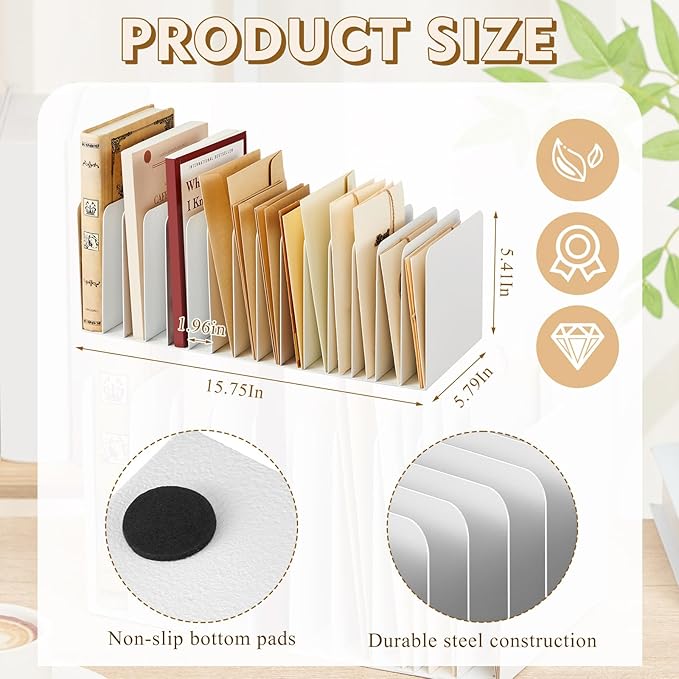 Suzile Metal Desktop File Organizer, 15 Compartments, Vertical File Sorter, White, 5.79" W x 15.75" L x 5.41" H, Office, Reception Areas, Workspace