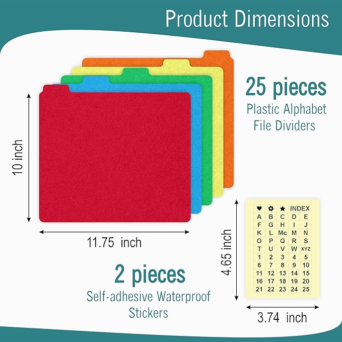 Alphabetical File Organizer, 25 Plastic Alphabet Dividers with Tabs Letter Size File Cabinet Dividers, Self Adhesive A-Z Labels – 5 Assorted Colors, 1/5 Cut Tabs for Filing Cabinet