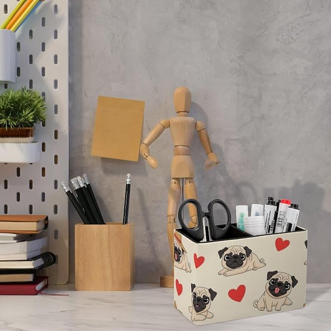 Stylish PU Leather Pen Pencil Holder Red Love Heart Pug, Must-Have Desk Accessory