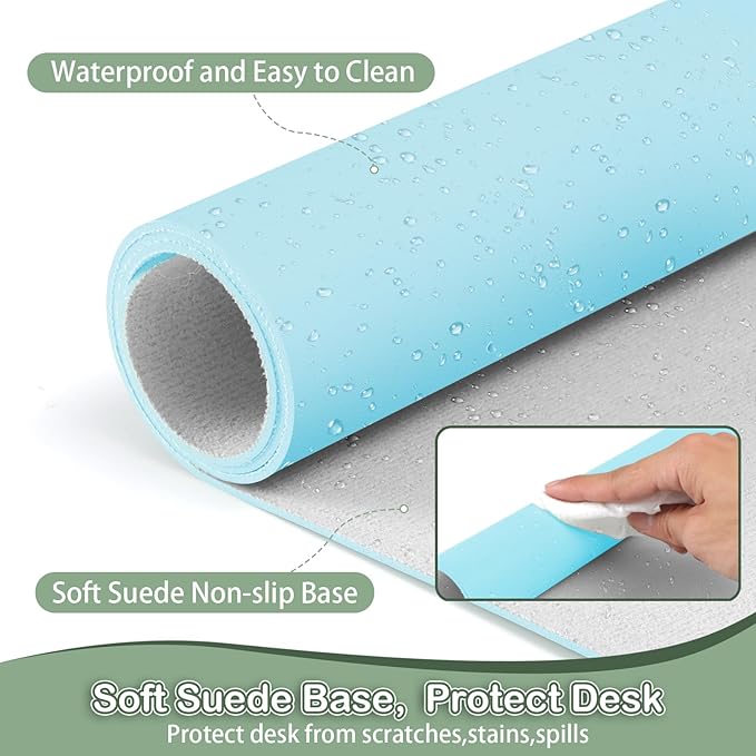 Boutilon Leather Desk Pad Protector,Non-Slip Mouse Pad,Laptop Desk Pad,Office Mouse Mat,Waterproof Leather Desk Blotter,Desk Writing Pad for Office and Home (L-Light Blue,35"x 17")