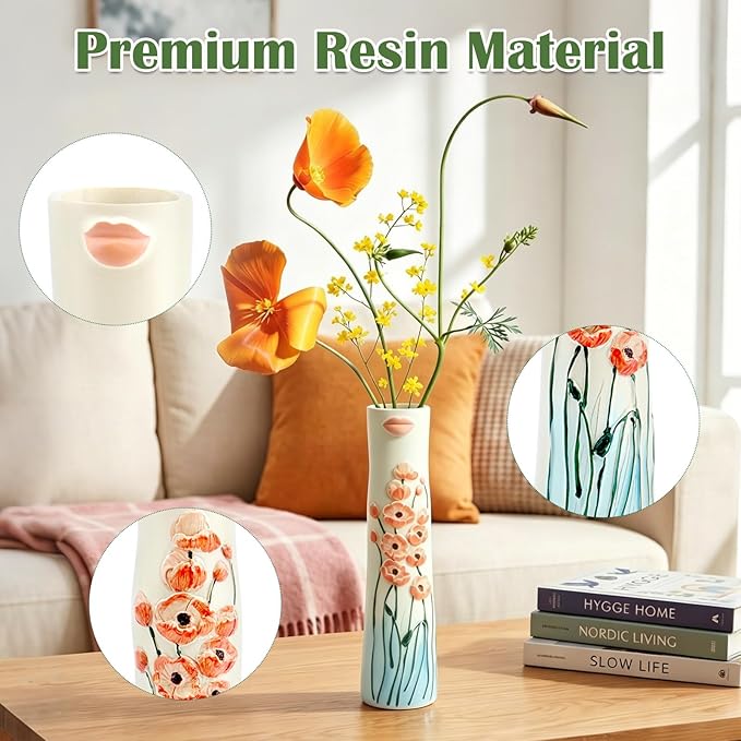 Cute Face Bud Vase, Hand Painted Resin Mini Vase, Boho Decorative Vase for Desk Shelf Living Room Decor, Unique Gift Idea for Women (Lips & Orange Blooms)