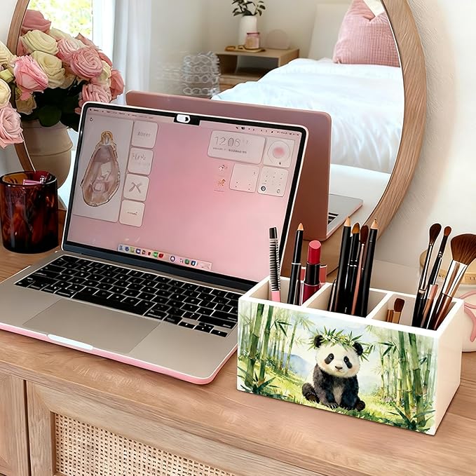 Panda Pen Pencil Holder for Desk Accessories, Cute Panda Gifts for Women & Kids, Wild Animal Wooden Box Sign Decorations for Kids Room Home Office Desk Tabletop