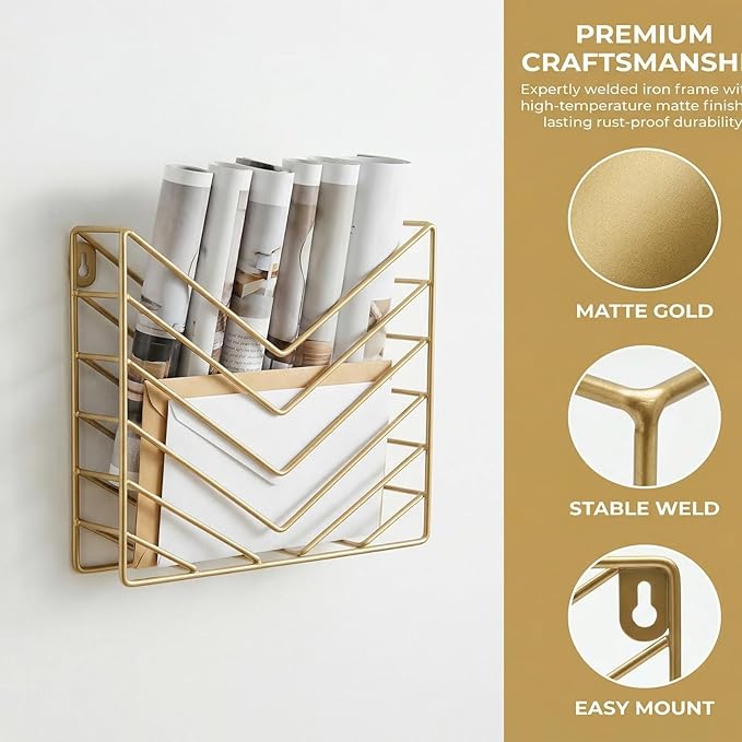 Gold File Organizer, Metal Wall Mounted Magazine Rack, Wall Mounted Magzine Holders for Office, Bathroom (4P Gold)