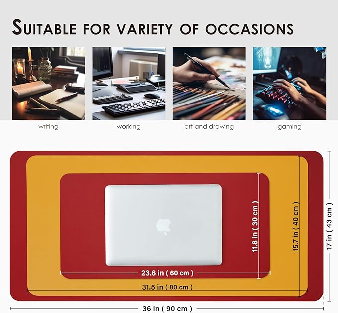 HOMIEAZICOZI Dual Sided Leather Desk Mat - Waterproof Pad for Office and Home Organization Accessories Ideal Large Mouse Mats on Top of Desks(Red+Yellow,31.5''x 15.7'')