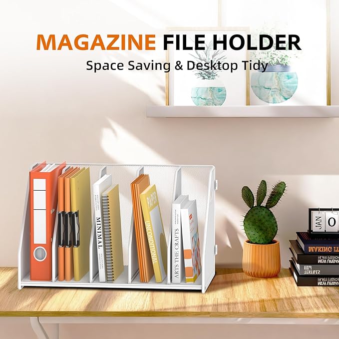 SUPEASY Binder Organizer, Magazine File Holder with 5 Vertical Compartments Rack, Metal Desk File Organizer & Binder Holders, Magazine Organizers for Office Desktop, Home, School,Classroom (White)