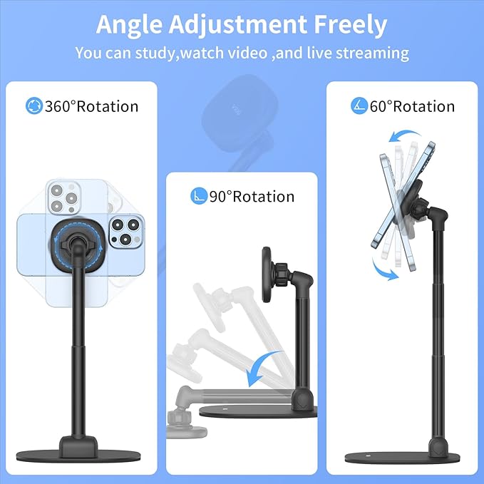 VRIG Magnetic Desk Phone Stand for Office/Home, 360°Rotation Phone Holder with Magnetic Ring Height&Tilt, Adjustable Cell Phone Stand for iPhone 17 16 15 14 13 12 and More/Android