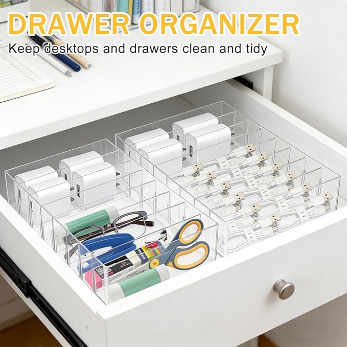 2Pcs Cable Charger Organizer Box with 16Pcs Wire Ties Large Plastic Cords Storage Organizer with Adjustable Compartments Electronics Organizer Stackable Cord Storage Box for Drawer Home Office, Clear