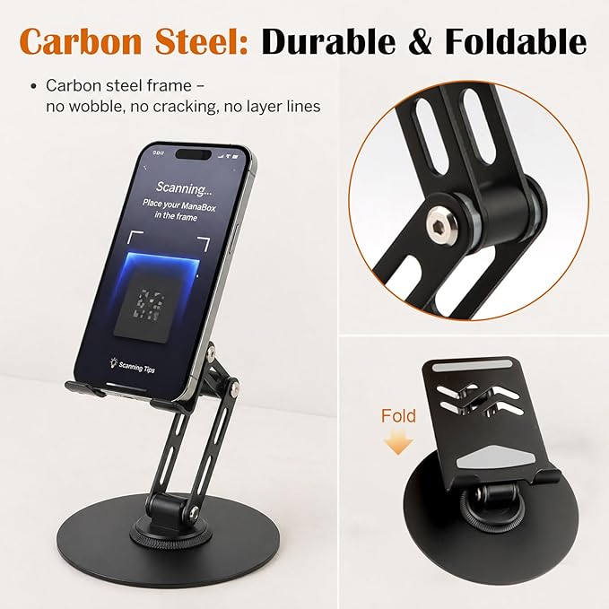 Foldable Trading Card Scanner Stand, Carbon Steel Phone Holder with Scanning Pad and 100 Standard Sleeves, for Sleeved/Unsleeved Collectible Cards, Compatible with iOS and Android