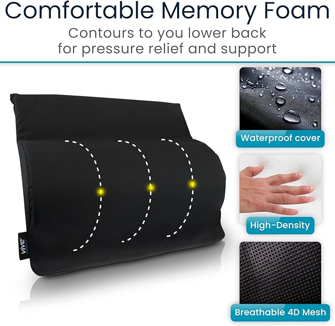 Vive Wheelchair Lumbar Support Cushion - Chair Pad for Back Pressure Relief - Memory Foam Backrest - Superior Comfort Curve -Fits Most Wheelchairs or Transport Chairs -Improves Posture (18"x17"x3")
