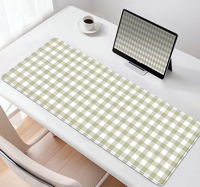 Green Checkered Large Gaming Mouse Pad Cute, Aesthetic Pattern Desk Pad, Kawaii ‌Pastel Vintage‌ Girly Keyboard Computer Mat, Mousepad, Accessories Office Decor for Women, 31.5 x 11.8 inch