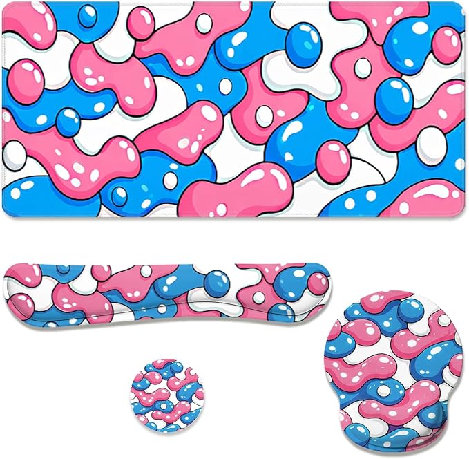 Abstract Desk Mat Set Bubble Pop Cartoon Pink Blue Large Mouse Pad with Wrist Rest 4in1 Desk Mat for Desktop Ergonomic Computer Desk Arm Wrist Anti-Slip Computer Mouse Pad Home Office Gaming