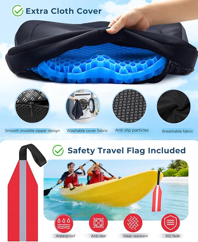 Premium Gel Kayak Seat Cushion, Thickened Non-Slip Waterproof Seat Pad, Breathable Universal Fit for Canoe Fishing Boat, Portable Washable Kayak Accessories, with Safety Travel Flag - Blue