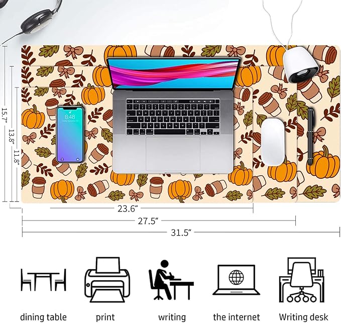 Fall Desk Mat, Pimpkins Coffee Large Mouse Pad for Desktop, PU Leather Waterproof Desk Pad, Computer PC Laptop Protector Gaming Mouse Pads for School Office Home Thanksgiving Decorations 23.6" x 11.8"