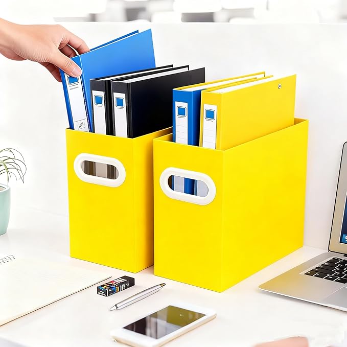 Yellow Cardboard File Organizer, Storage Box for Hanging File Folders Letter Size, Portable Document Organizer with Handle for Home, School, or Office