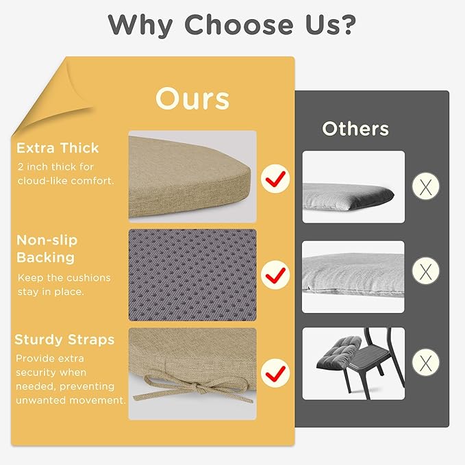 Windsor Chair Cushions for Dining Chairs 4 Pack Non Slip Kitchen Seat Cushion with Ties and Washable Covers Indoor Comfortable Seat Pad with Thick Foam 16.5" x 15.5" x 2" Beige